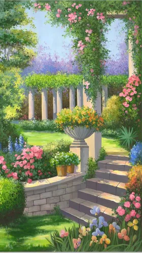 зелень, цветы, газоны, колонны, зеленые, солнечные, красочные, салатовые, классика, сады, деревья, розовые, каменная лестница, пейзаж, природа