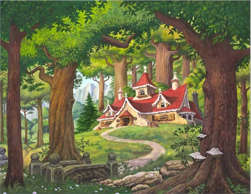 зеленые, коричневые, яркие, в детскую комнату, сказочный лес, домик в лесу, в детскую, сказочный домик, тропинка в лесу, картинки, деревья, лес, дом в лесу