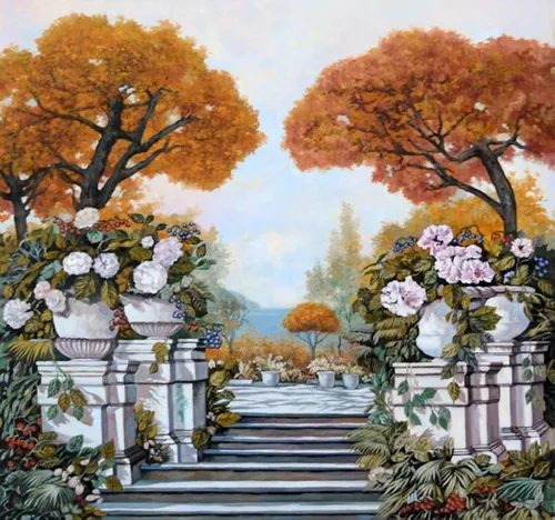 деревья, оранжевые, небо, осень, белые, сад, цветы, лестница