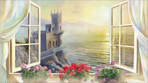 здание, желтые, красные, море, вода, океан, замок, постройка, скалы, парусники, цветы, окно, вид из окна, закат, розовые, сиреневые, окно на море