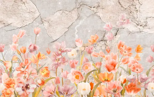 стена, камень, нежность, лепестки, каменная стена, трещины, цветы, листья, тюльпаны