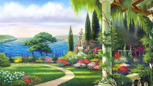 пейзаж, яркие, морские, зелень, деревья, море, колонны, зеленые, скульптура, озеро, газоны, цветы, сады, природа, красные цветы, белые, сад, статуя