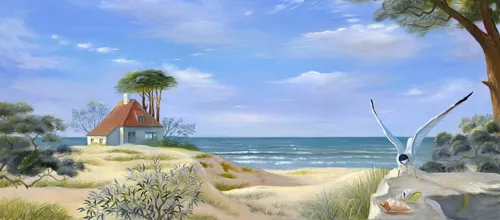 пейзаж, морской, берег моря, пляж, белый песок, синие, домик на море, морской пейзаж, птица, чайка, голубые, деревья, сосна, синее море, горизонт, песок, сосны, природа, вид на море, солнечные, курортные, ракушки