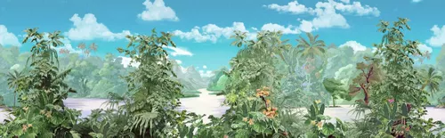 синее небо, пальмы, голубые, яркие, растения, облака, тропики, экзотические птицы, тропический пейзаж