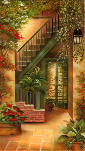 желтые, лестница, растения, цветы, зеленые, коричневые, с лестницей, оранжевые, цветы в горшках, лестницы, красные цветы в горшках, картины, живопись