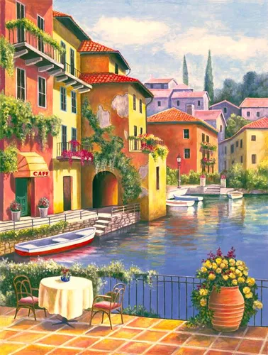 кафе, разноцветные, Венеция, пестрые, желтые, оранжевые, цветные дома, город, лодки, зелень, цветы, городской пейзаж, город на воде, солнечные, яркие, итальянские