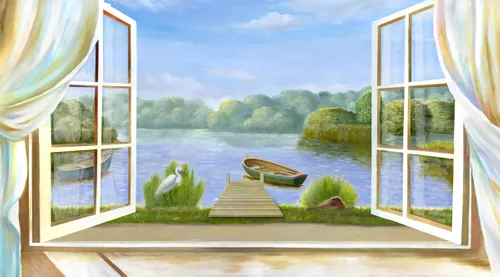 пейзаж, синие, вид из окна, цапля, голубые, лодки, распахнутое окно, зеленые, пруд, лес, русская природа, деревья, кусты, озеро, окно с пейзажем, вид на озеро