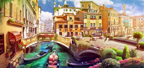 розовые, улица, цветы, город, ставни, красные, вода, лодки, здания, растения, желтые, окна, зеленые, венеция