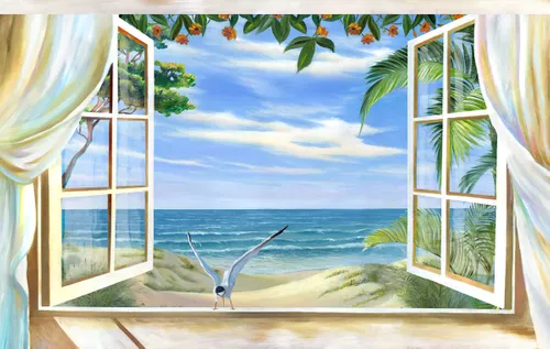 чайка, море, птица, вид из окна, небо, песок, окно, вода, деревья, волны, трава, облака, распахнутое окно