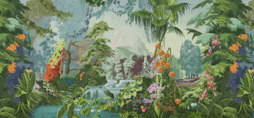 растения, разноцветные, зеленые, деревья, тропики, темно зеленые, водопад, цветы, тропический пейзаж, зелень 