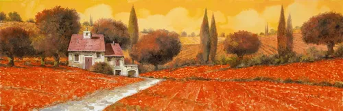 оранжевые, деревья, луга, домик, красные, желтые, облака, дом, поле, дорога, цветы, небо