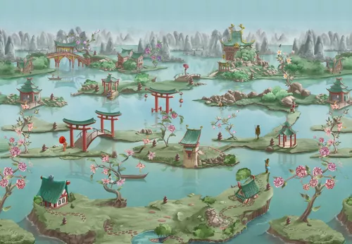 китайский пейзаж, голубые, зеленые, бирюзовые, китайские, китайская пагода, китайские ворота, китай, китайские мосты, пейзаж