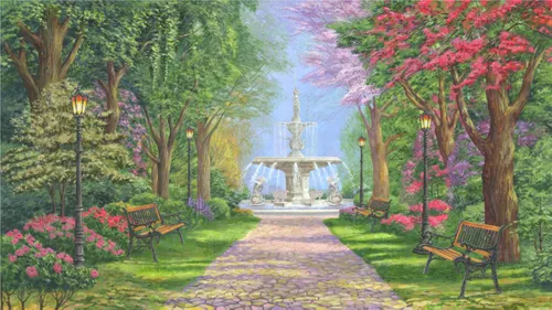 пейзаж, с фонтаном, парк, сад, деревья, зеленые, цветы, скамьи, голубые, аллея, розовые, природа, фонтан, солнечные, парк с фонтаном