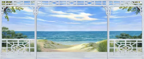 морские, пейзаж, белые, голубые, песчаный пляж, берег, белый песок, зеленые, горизонт, синие, терраса, выход на море, белые колонны, песочные цвета, ветви, вид на море, морской пейзаж
