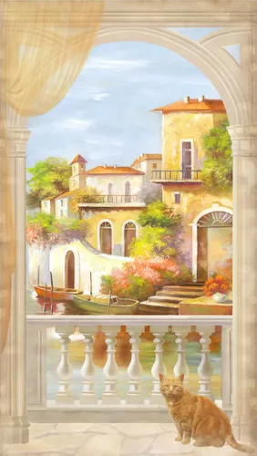пейзаж, вид на город, Венеция, вид из окна, оранжевые, города, лодки, город на воде, вид с балкона, желтые, солнечные, дома, коты, рыжий кот, кошки вид из окна, здания, арки, кот на окне