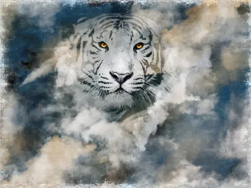 тигр, светлый, современный, туман, мрамор, акварель, белый тигр, животные