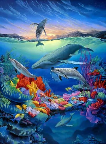в детскую комнату, пейзаж, природа, морской, месяц, вода, кораллы, под водой, рыбы, синие, небо, розовые, киты, море, морская звезда, желтые, зеленые, голубые, океан, рыбки, рыба, рыбка, водоросли, красные, дельфины, горы, подводный мир, подводный мир на стену 
