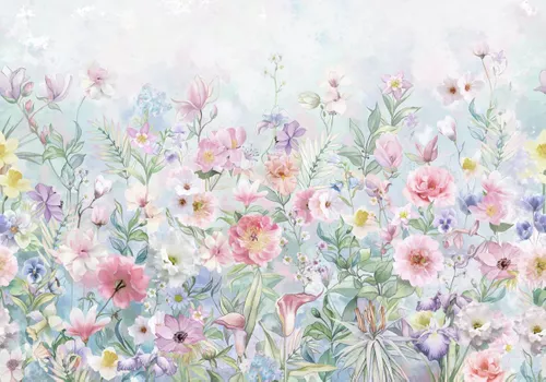 цветы на голубом фоне, цветочная поляна, луговые цветы, поле цветов, розоватые, бледные, луг, полевые цветы
