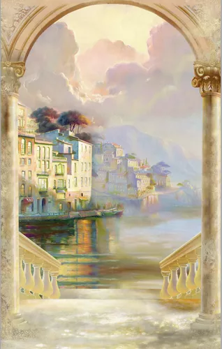 классика, арки, в нежных тонах, деревья, арка, белые, розоватые, желтоватые, вид на море, колонны, город, дома, розовые, спуск на воду, Венеция, город на воде, живопись, живописные облака