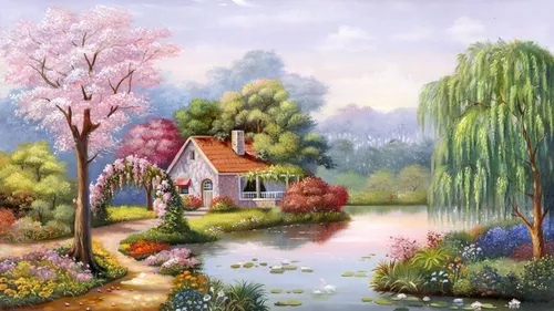 пейзаж, природа, деревья, река, водоемы, дом, пруд, розовое дерево, лес, зелень, голубые, цветы, плакучая ива, цветущие деревья, сельский пейзаж 