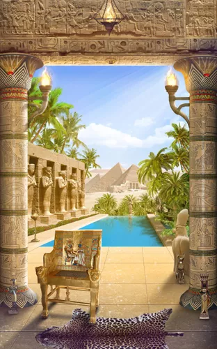 пальмы, песочные цвета, пирамиды, водоем, египетские, города, улочки, письмена, факелы, мифология, египет, иероглифы, шкура леопарда, вода, свет