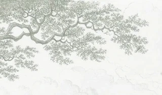 Арт-обои - пейзаж, популярные, серо-зеленая, деревья, светлые деревья, деревья в лесу, лес, мостик, река, новинки