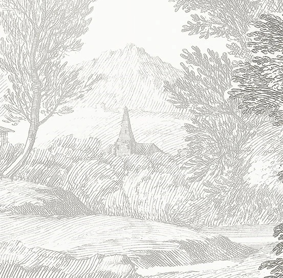 Арт-обои - пейзаж, лес, гравюра, графика, бежевые, деревья, в гостиную, в загородный дом, в отель