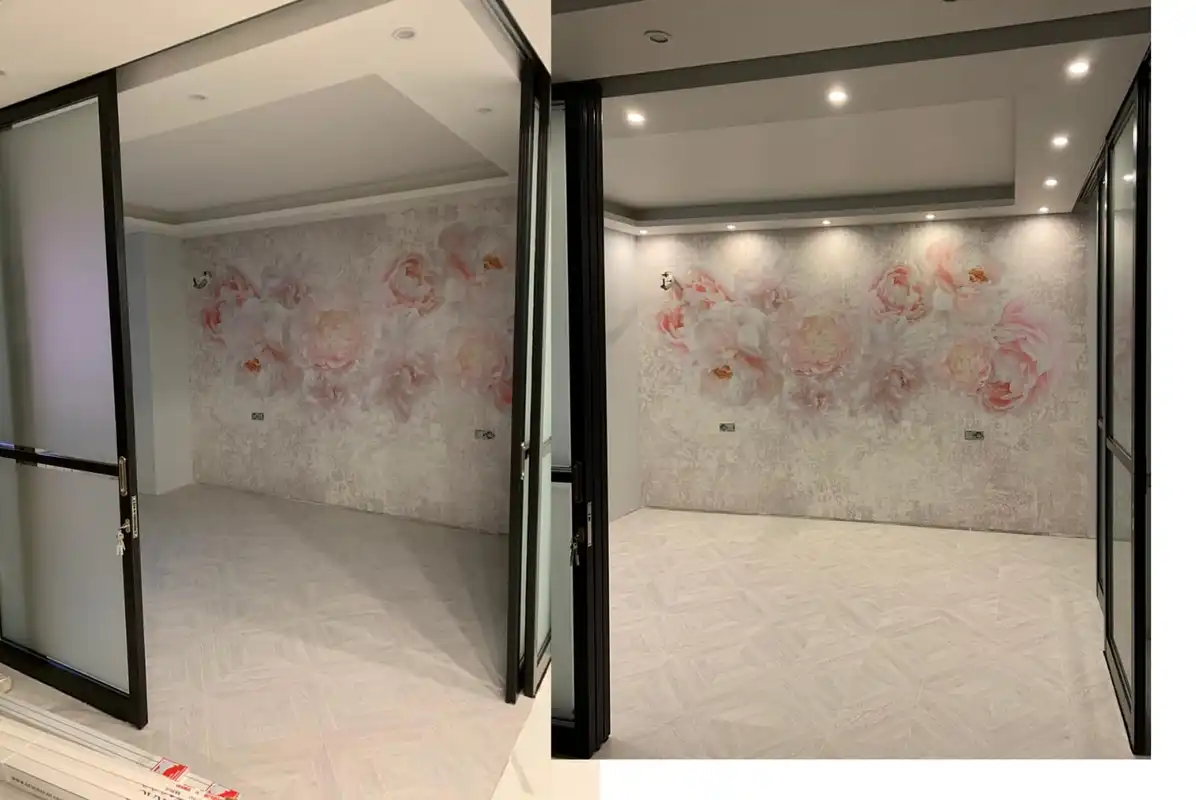 Арт-обои - выполненные, перламутровые, наши работы, жемчужные, лучшего качества, во всю стену, белые цветы, широкие, серо-розовые, для стильной спальни