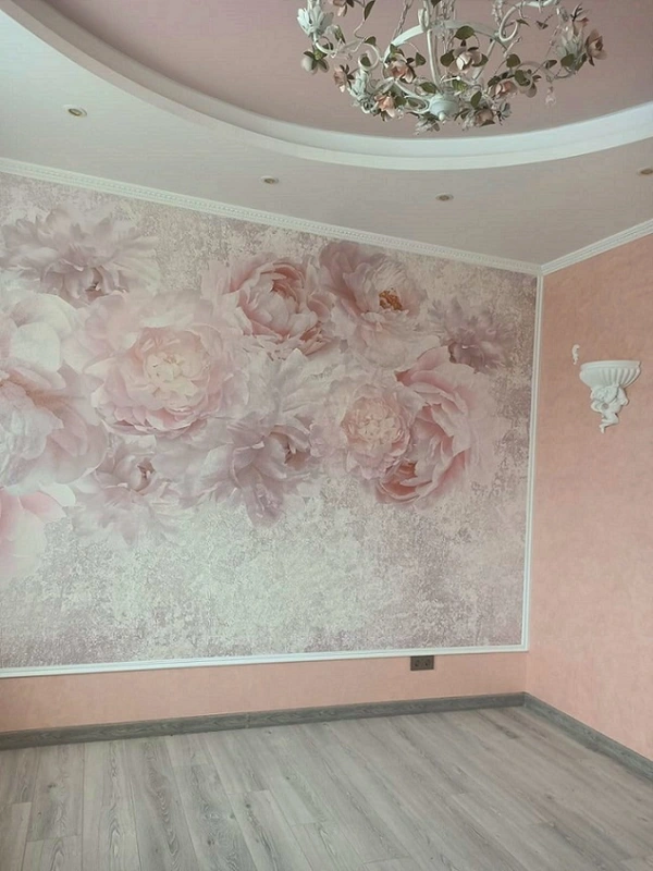Арт-обои - выполненные, крупные, нежно розовые, для зала, сочетание, наши работы, большие, самые красивые, во всю стену, цветы, на две стены