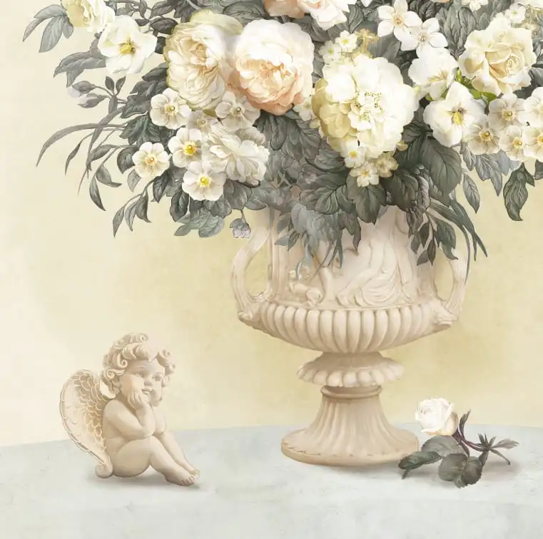 Арт-обои - цветы, над столом, белые, кремовые, букет, ангел, нежных тонов, светлые, пастельных цветов, чайные, пионы, розы, вазон, в теплых тонах