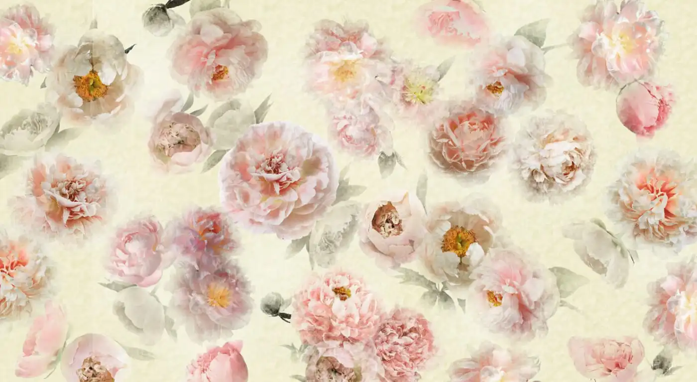 Арт-обои - цветы, на кремовом фоне, розовые, белые пионы, обои, крупные, во всю стену, широкие