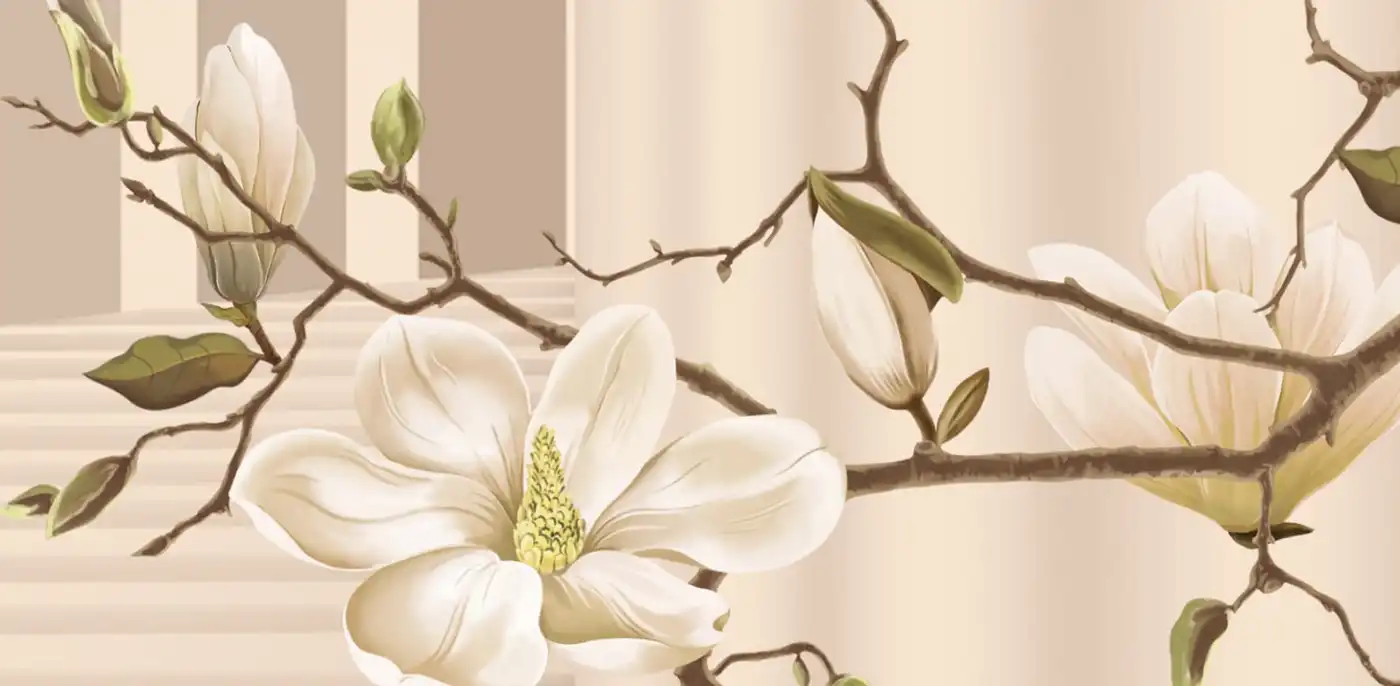 Арт-обои - цветы, магнолии, белые, на персиковом