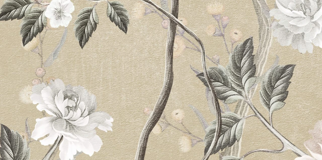 Арт-обои - сад, шинуазри, бежевые, с птицами, с розами, с цветами