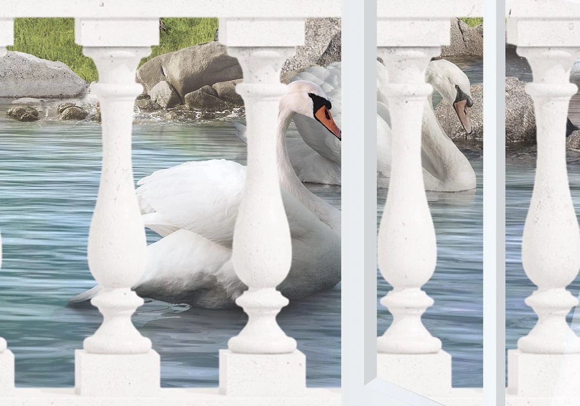 Арт-обои - пейзаж, сад, с сакурой, с лебедями, 3д, лес