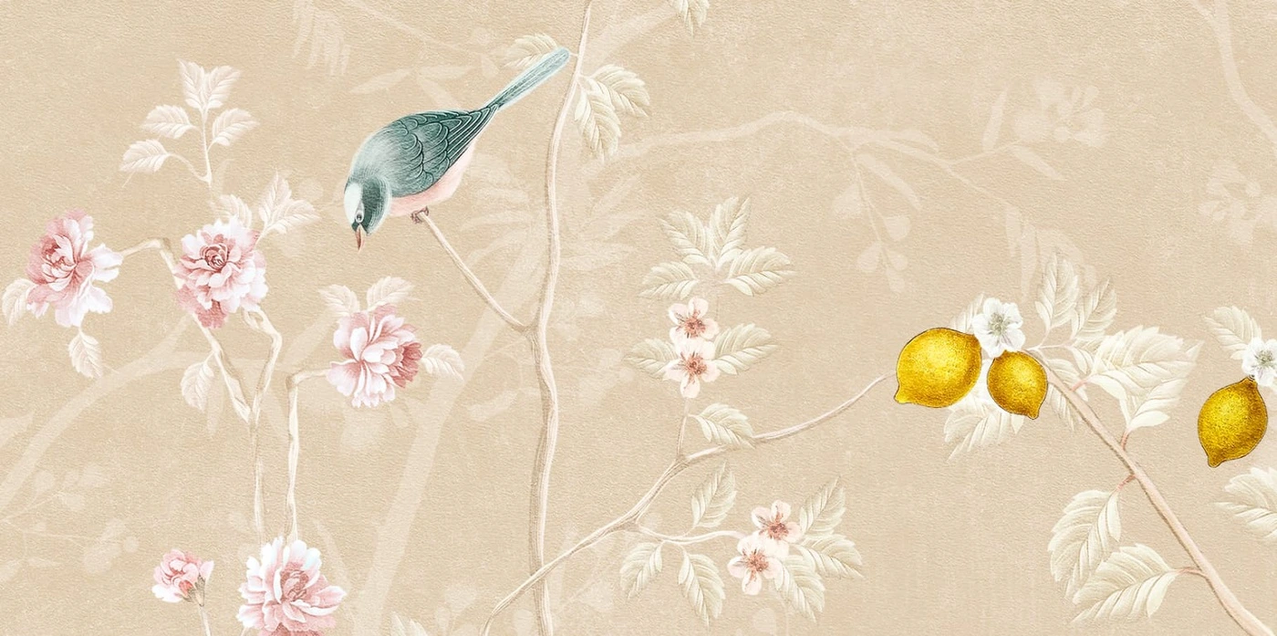 Арт-обои - шинуазри, сад, с деревьями, с птицами, с цветами, на бежево-розовом фоне