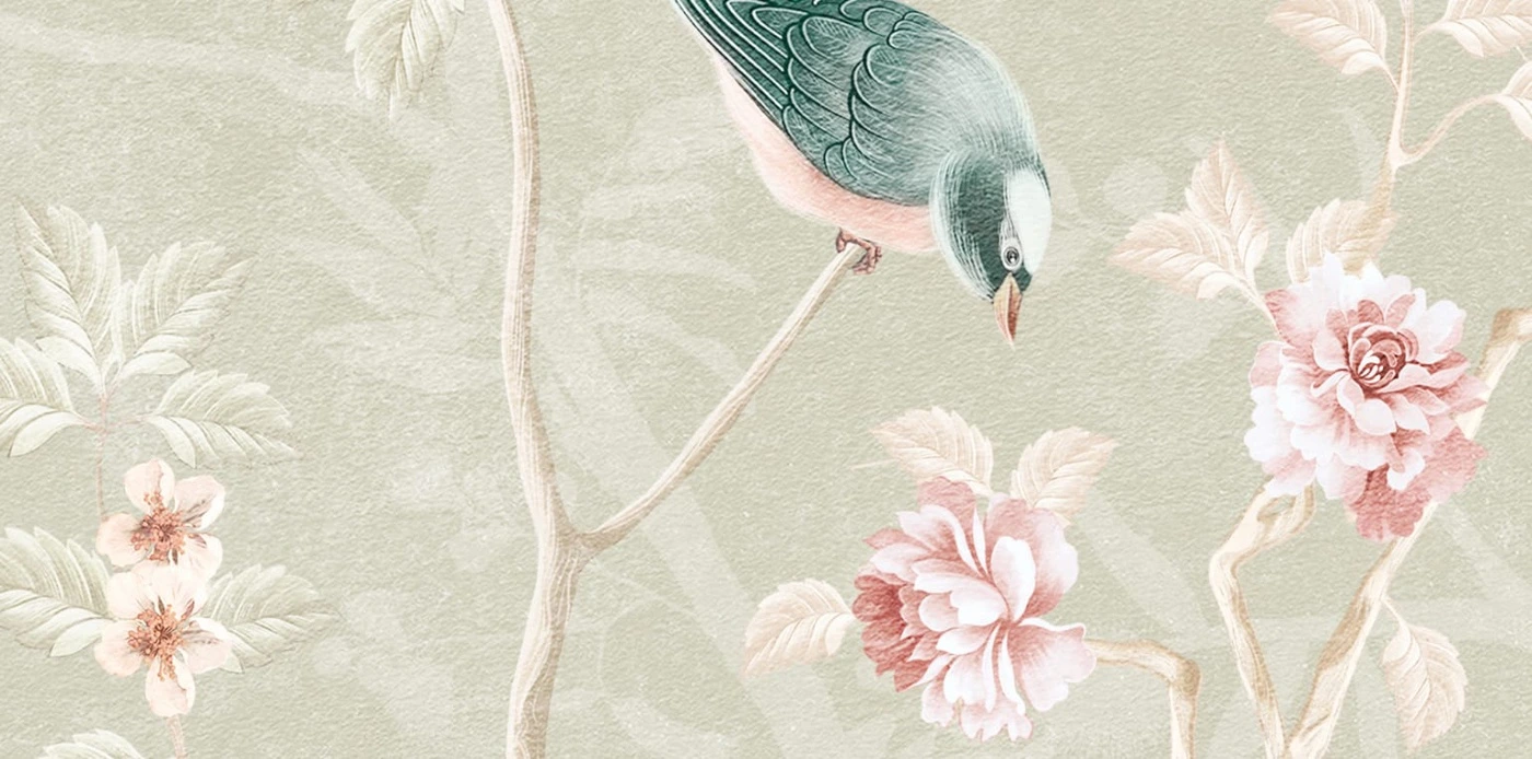 Арт-обои - шинуазри, сад, на сером, с деревьями и цветами, китайские