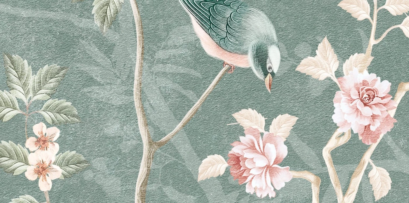 Арт-обои - шинуазри, сад, зеленые, с деревьями и птицами