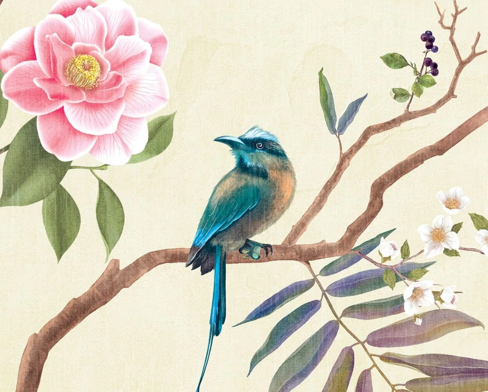 Арт-обои - популярные, шинуазри, райский сад, сад с птицами, сад с цветами, на кремовом фоне, нежные, красивые, итальянская, хорошего качества, уникальные, лучшие, новинки