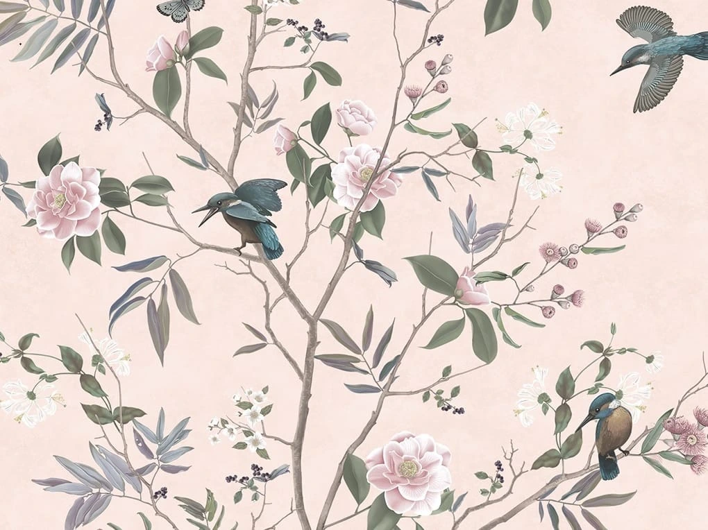 Арт-обои - популярные, шинуазри, сад, райский сад, райские птицы, розовая, пастельная, сад с розами, деревья, дерево, новинки