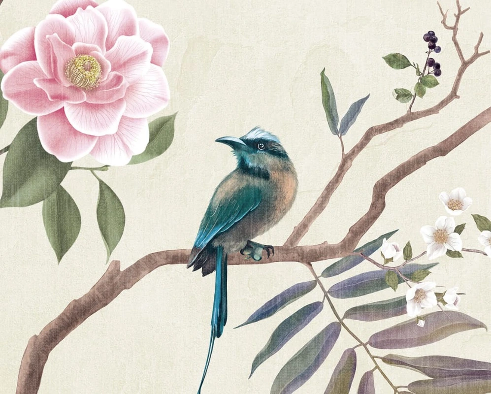 Арт-обои - над кроватью, шинуазри, сад, розы, цветы, птицы, деревья, светлые, светло желтые, нежные