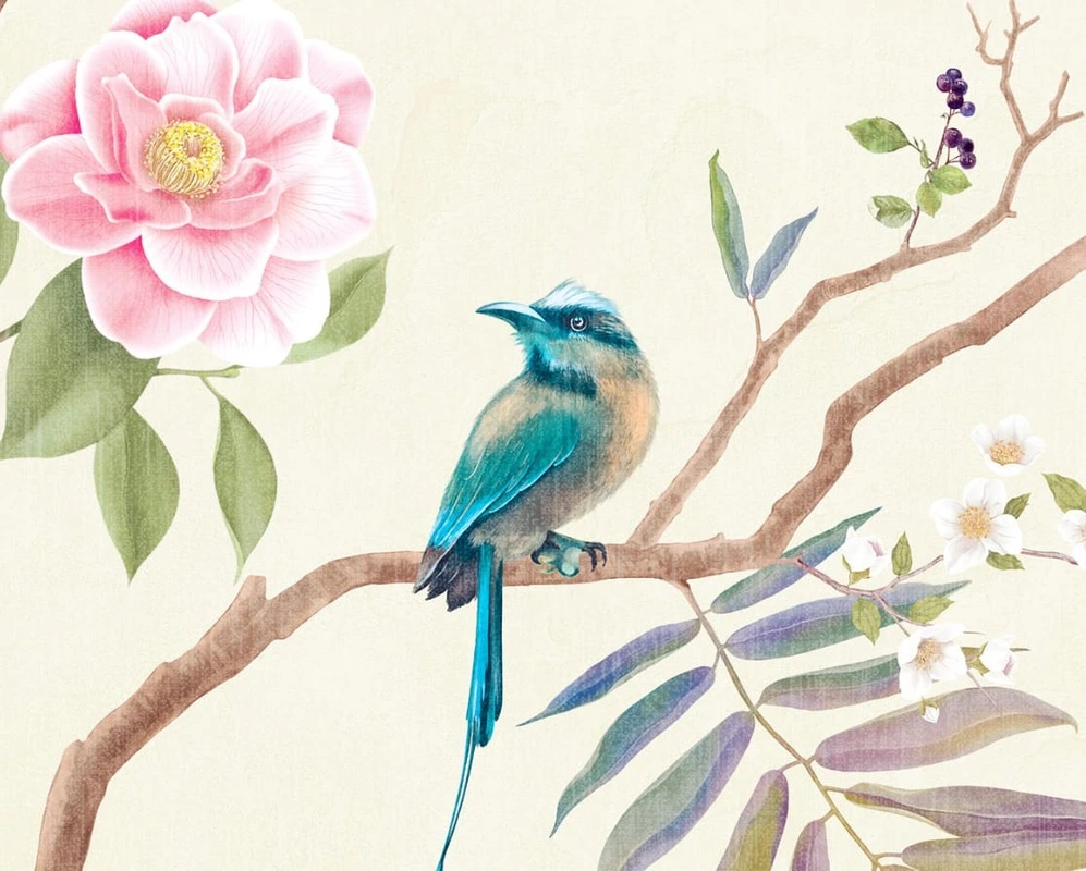 Арт-обои - в гостиную, шинуазри, светлые, сад, с птицами, с цветами, красивые, необычные, лучшие