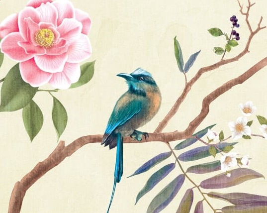 Арт-обои - шинуазри, сад, птицы, деревья, цветы, лучшего качества, нежные, красивые