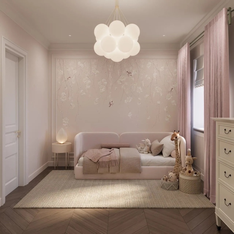 Фотообои в интерьере - в детскую комнату, свисающие ветки, розы белые, птички, розовая, пудрового цвета