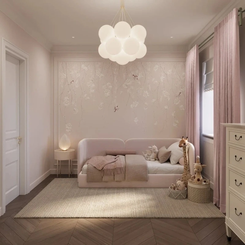 Фотообои в интерьере - в детскую комнату, свисающие ветки, розы белые, птички, розовая, пудрового цвета