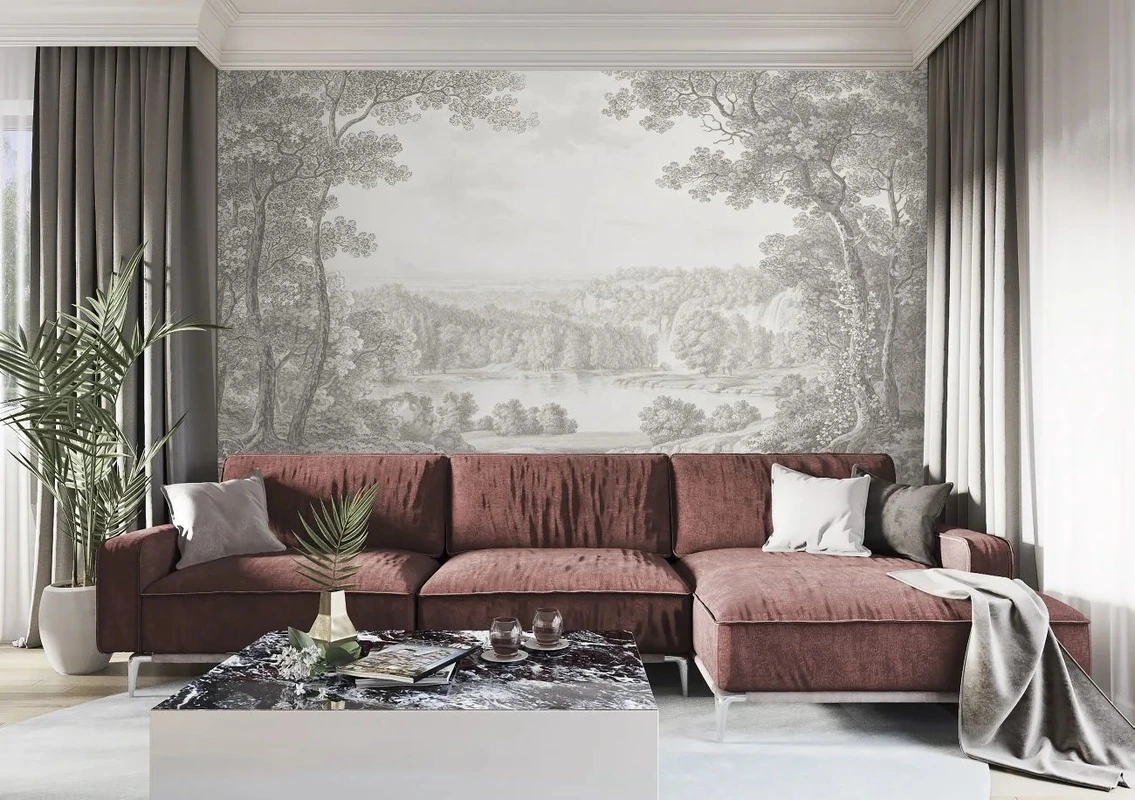 Фотообои в интерьере - пейзаж, графика, новинки, обои гравюра, красивый пейзаж на обои, обои пейзаж качество, обои светло бежевые, фотообои фреска лес