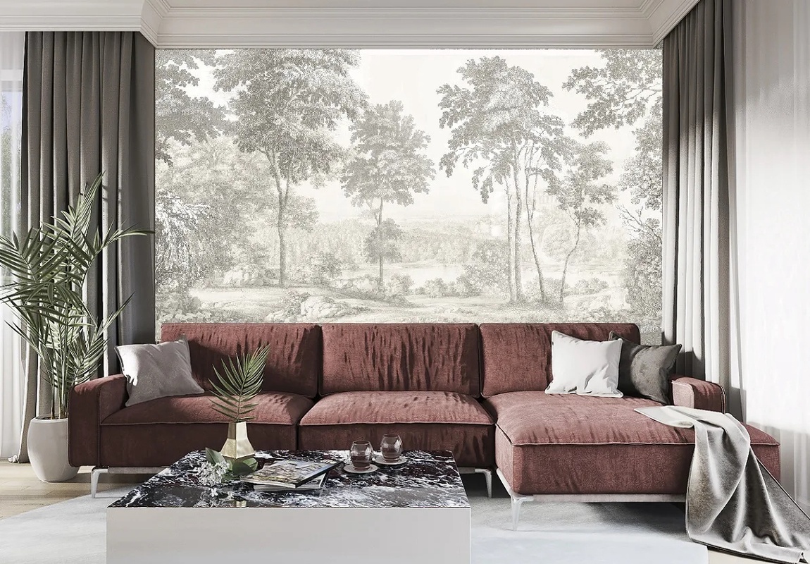 Фотообои и фрески в интерьере - пейзаж, бежевые, бежевая, лес, красивый пейзаж, пейзаж качество, обои светло бежевые, обои под бежевую, туманный лес, лес в тумане