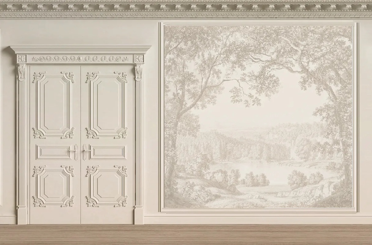 Фотообои и фрески в интерьере - пейзаж, лес, бежевые, серый лес, на стену пейзаж, бежевый лес, деревья, пейзаж обои, обои пейзажи качество, красивый пейзаж на обои, в коридор, в прихожую