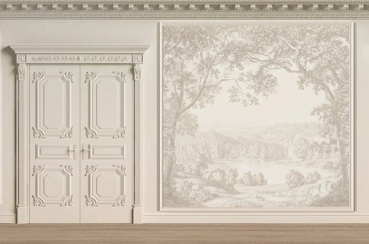 Фотообои и фрески в интерьере - пейзаж, лес, бежевые, серый лес, на стену пейзаж, бежевый лес, деревья, пейзаж обои, обои пейзажи качество, красивый пейзаж на обои, в коридор, в прихожую