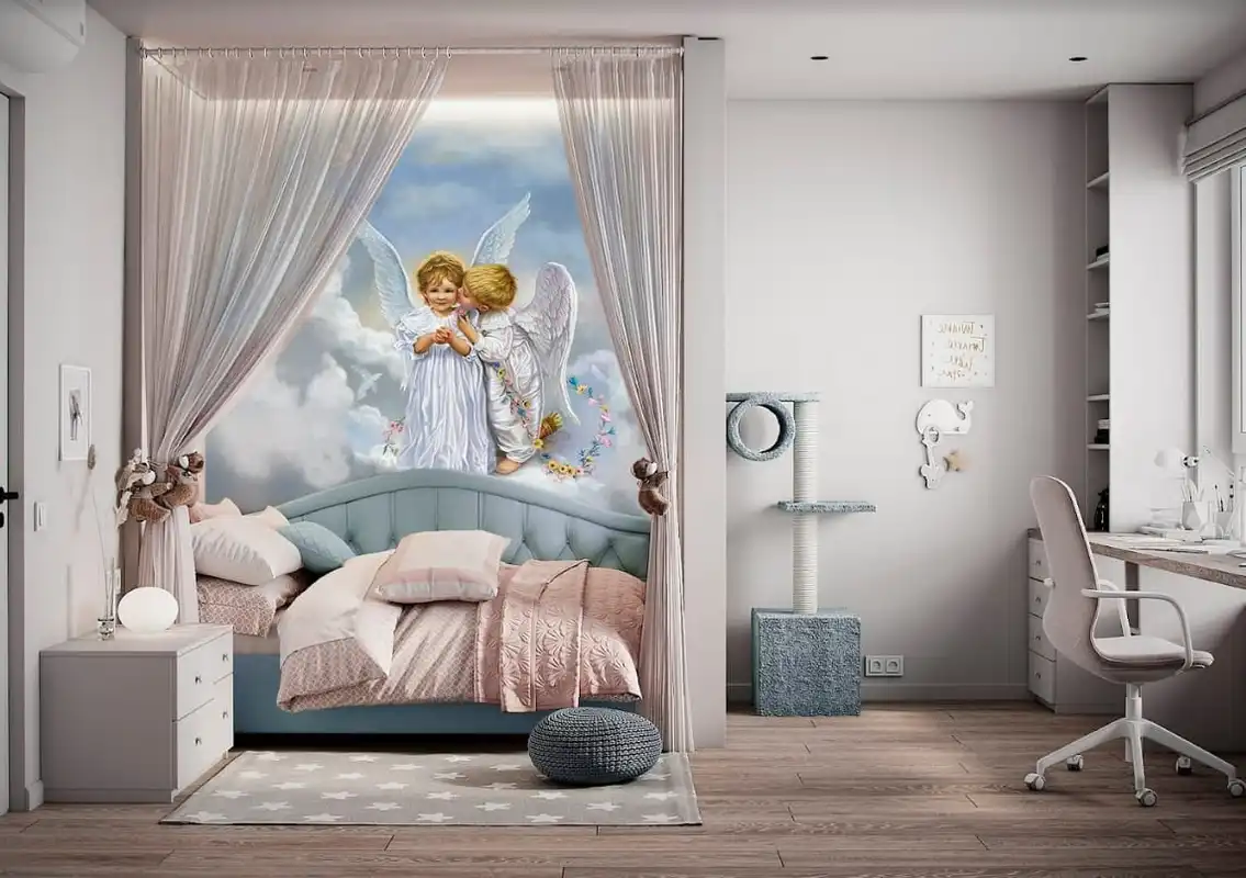Фотообои и фрески в интерьере - детский мир, картинки, ангелы, голубые, качество, спальня, популярные, на часть стены, для девочки, воздушные, большие размеры ангелы