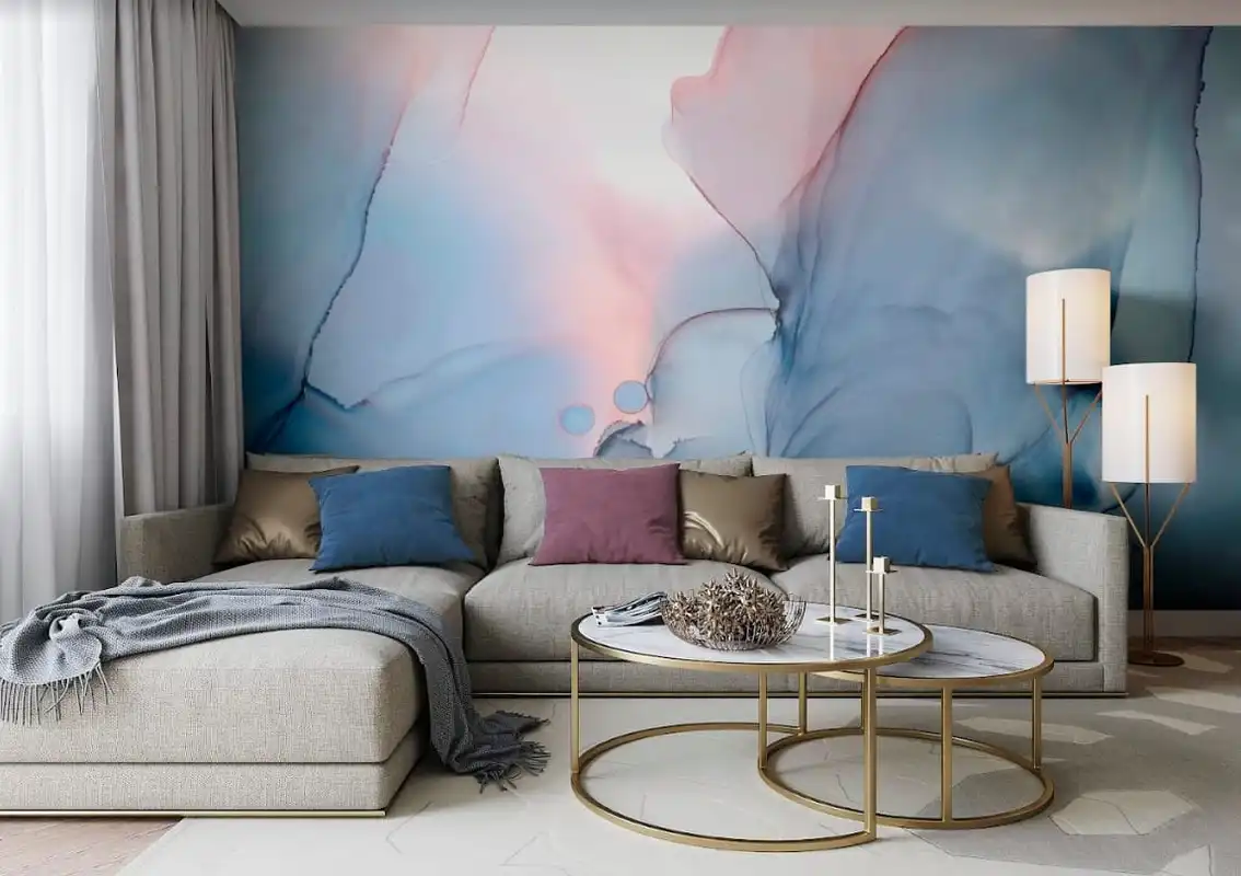 Фотообои и фрески в интерьере - флюид, классные, смешанные краски, лучшего качества, одним полотном, над диваном, розовые, в зал, синие, для залы, картинки, в гостиную, флюиды